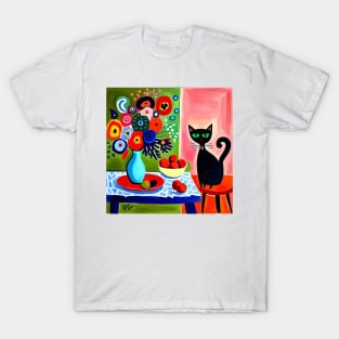 Black Cat with Flowers in a Blue Vase Still Life Painting T-Shirt